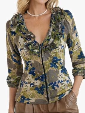 Twelve by Twelve Sweater Jacket Ruffled Collar Full Zip 3/4 Sleeve Blue Olive S